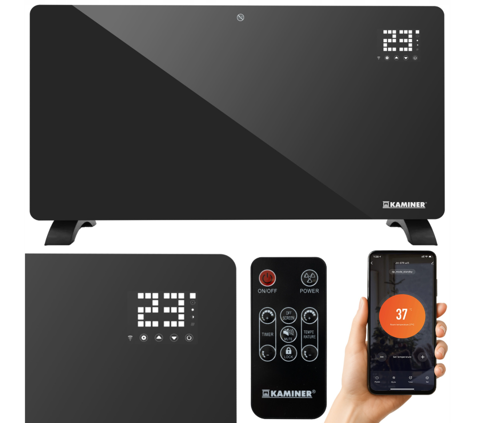 elektrický sklenený ohrievač s WiFi ovládaním a časovačom